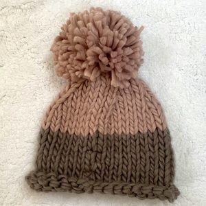 NWOT Blush and grey knit beanie with large pom pom